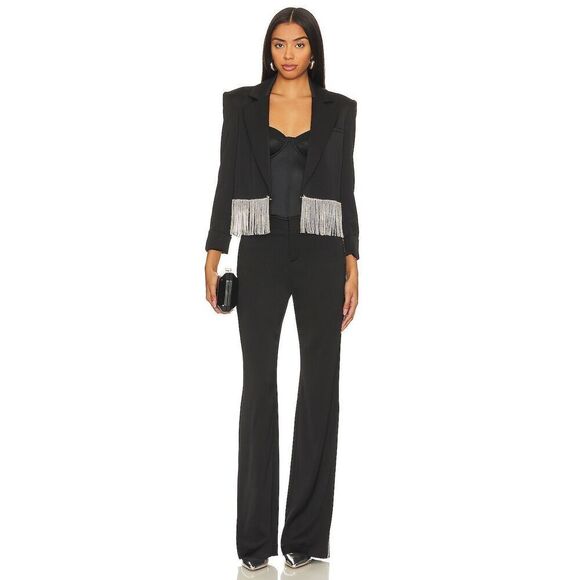 NWOT Alice + Olivia Shan Cropped Fringe Blazer in Black $795 - Picture 3 of 11
